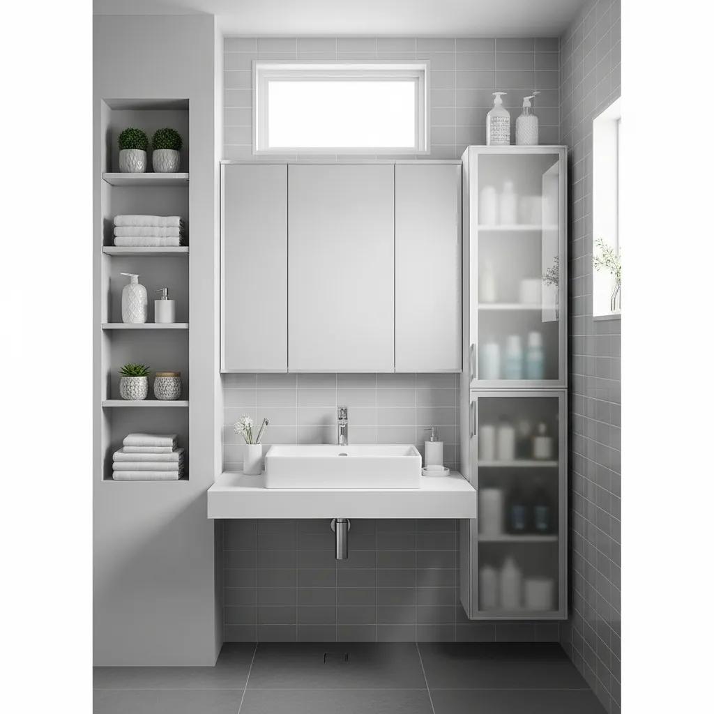 Smart small bathroom storage with recessed niches and mirrored cabinets to save space