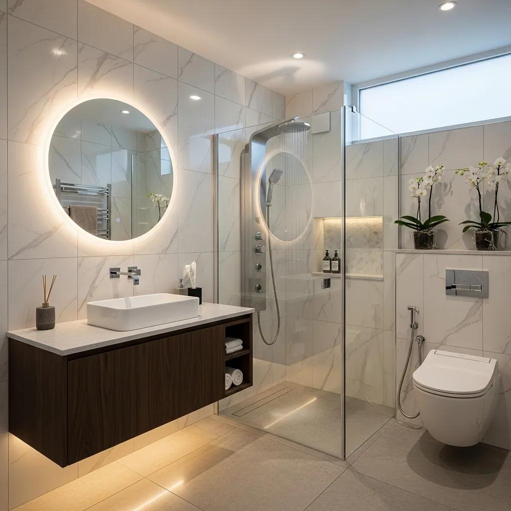 Small luxury bathroom with smart shower controls and heated floors to enhance comfort